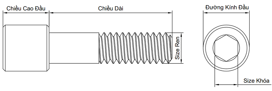 Bản vẽ kỹ thuật Lục Giác Chìm Đầu Trụ Inox 304 UNF #10-32 x 1.1/2 Ren Lửng (5Cái/Bịch)