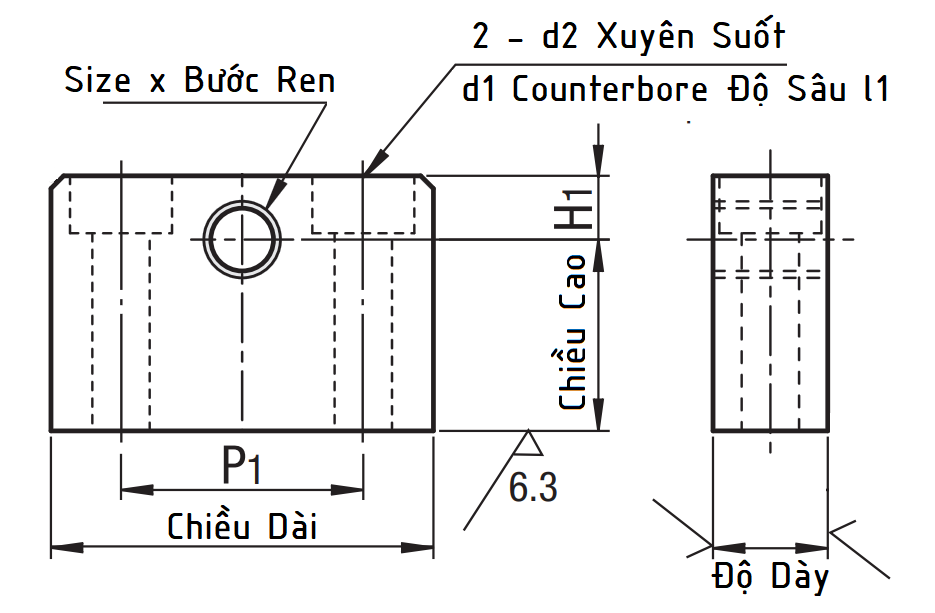 Bản vẽ kỹ thuật Threaded Stopper Blocks-Counterbored Holes - Coarse TSE6-10