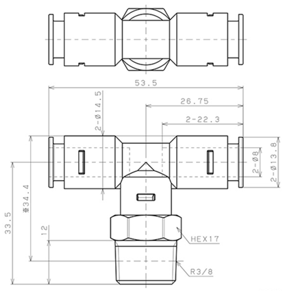 Bản vẽ kỹ thuật Đầu Nối Nhanh Khí Nén Dạng Chữ T Ren Ngoài Pisco APB8-03-E-C