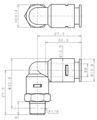 Bản vẽ kỹ thuật Đầu Nối Nhanh Khí Nén Dạng Cong 90° Ren Ngoài Pisco APL8-01-N