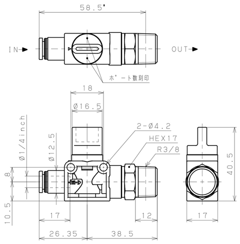 Bản vẽ kỹ thuật Van Tay Khí Nén Pisco HV1/4-03-2W