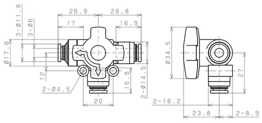 Bản vẽ kỹ thuật Van Chuyển Hướng Khí Nén Ba Ngã Pisco HBV6-6