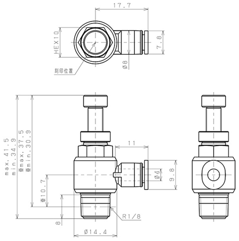 Bản vẽ kỹ thuật Van Tiết Lưu Khí Nén Cong 90° OD 4mm Ren Ngoài R1/8 Pisco JSC4-01A