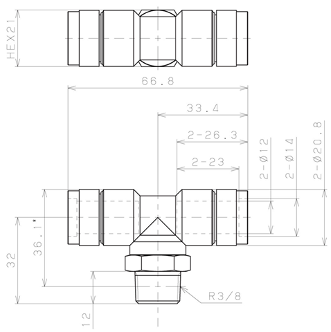 Bản vẽ kỹ thuật Đầu Nối Nhanh Khí Nén Dạng Chữ T Ren Ngoài Pisco KB12-03-F
