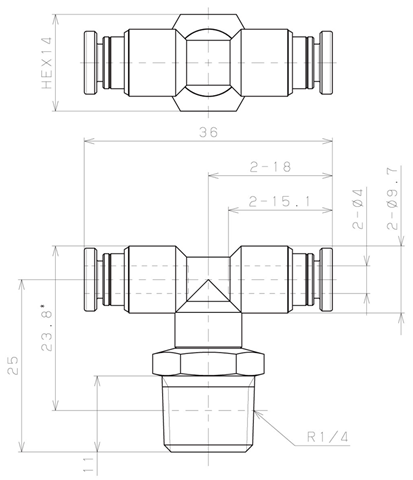 Bản vẽ kỹ thuật Đầu Nối Nhanh Khí Nén Dạng Chữ T Ren Ngoài Pisco KB4-02-1