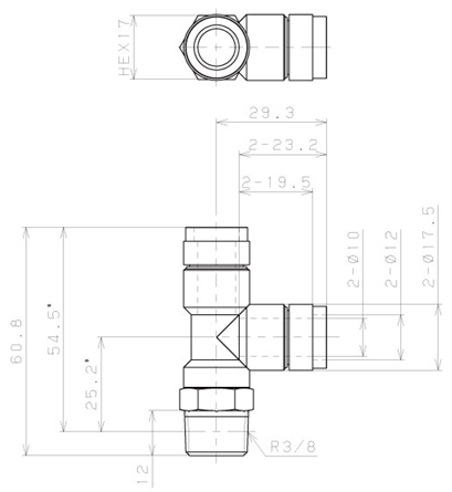 Bản vẽ kỹ thuật Đầu Nối Nhanh Khí Nén Dạng Chữ T Ren Ngoài Pisco KD10-03-F