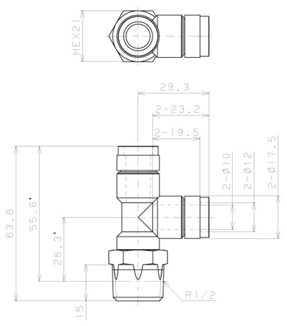 Bản vẽ kỹ thuật Đầu Nối Nhanh Khí Nén Dạng Chữ T Ren Ngoài Pisco KD10-04-F
