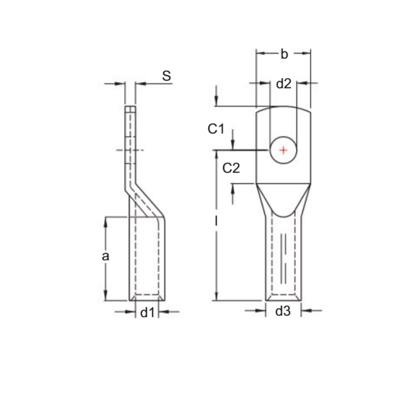 Bản vẽ kỹ thuật Đầu Cosse Đồng Trần Thân Dài 120 mm2 KST TLD12-120