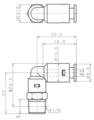 Bản vẽ kỹ thuật Đầu Nối Nhanh Khí Nén Dạng Cong 90° Ren Ngoài Pisco APL4-01-E-C