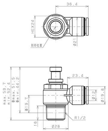 Bản vẽ kỹ thuật Van Tiết Lưu Khí Nén Cong 90° OD 12mm Ren Ngoài R1/2 Pisco JSC12-04A