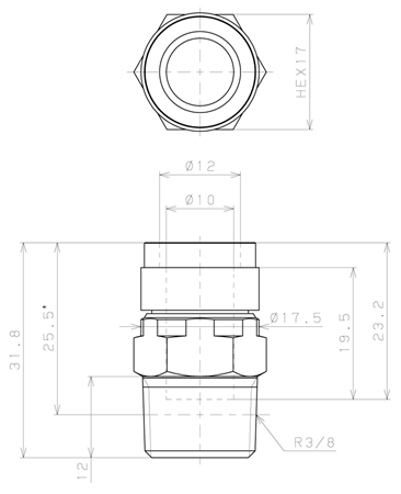 Bản vẽ kỹ thuật Đầu Nối Nhanh Khí Nén Thẳng Phi 10mm Ren Ngoài R3/8 Pisco KC10-03