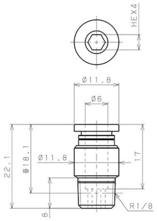 Bản vẽ kỹ thuật Đầu Nối Nhanh Khí Nén Thẳng Phi 6mm Ren Ngoài R1/8 Pisco POC6-01