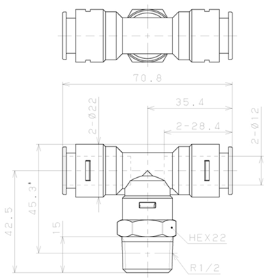 Bản vẽ kỹ thuật Đầu Nối Nhanh Khí Nén Dạng Chữ T Ren Ngoài Pisco APB12-04-TP