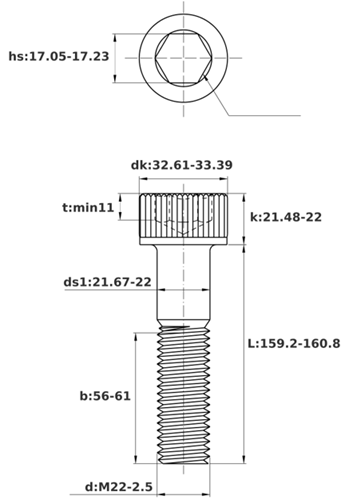 Bản vẽ kỹ thuật Lục Giác Chìm Đầu Trụ Thép Đen 12.9 DIN912 M22x160 Ren Lửng