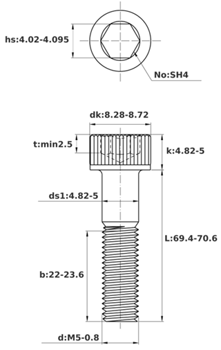 Bản vẽ kỹ thuật Lục Giác Chìm Đầu Trụ Thép Đen 12.9 DIN912 M5x70 Ren Lửng (50Cái/Bịch)