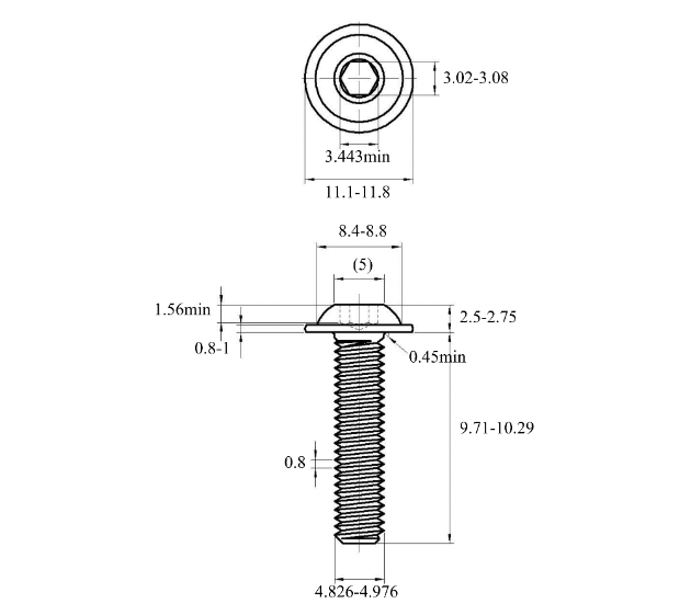 Bản vẽ kỹ thuật Lục Giác Chìm Mo Thép Mạ Kẽm Trắng Cr3+ 10.9 ISO7380-2 M5x10 (25Cái/Bịch)