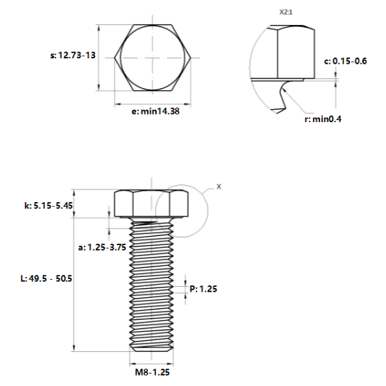 Bản vẽ kỹ thuật Bulong Mạ Kẽm 8.8 DIN933 M8x50
