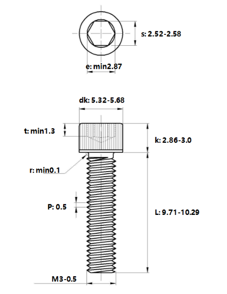 Bản vẽ kỹ thuật Lục Giác Chìm Đầu Trụ Thép Đen 12.9 DIN912 M3x10