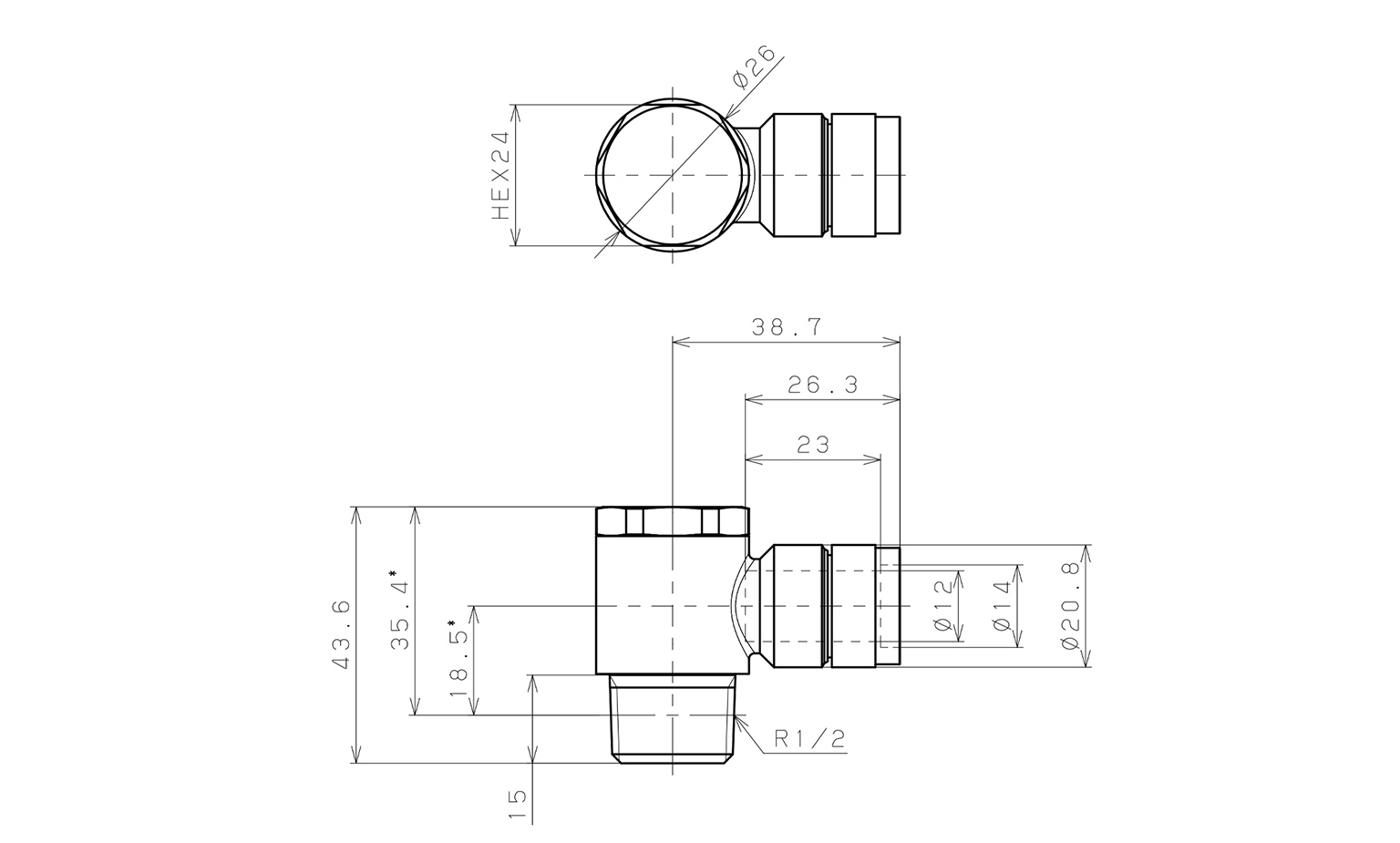 Bản vẽ kỹ thuật Đầu Nối Nhanh Khí Nén Cong 90° Đầu Lục Giác Trụ Ren Ngoài Pisco KH12-04-F