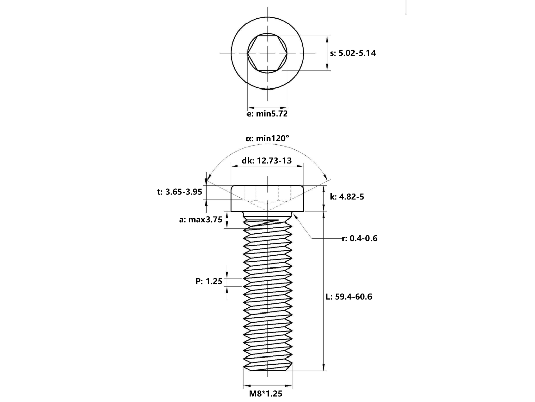 Bản vẽ kỹ thuật Lục Giác Trụ Đầu Thấp Inox 304 DIN7984 M8x60