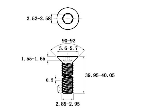 Bản vẽ kỹ thuật Lục Giác Chìm Col Thép Đen 10.9 DIN7991 M3x40 (50Cái/Bịch)