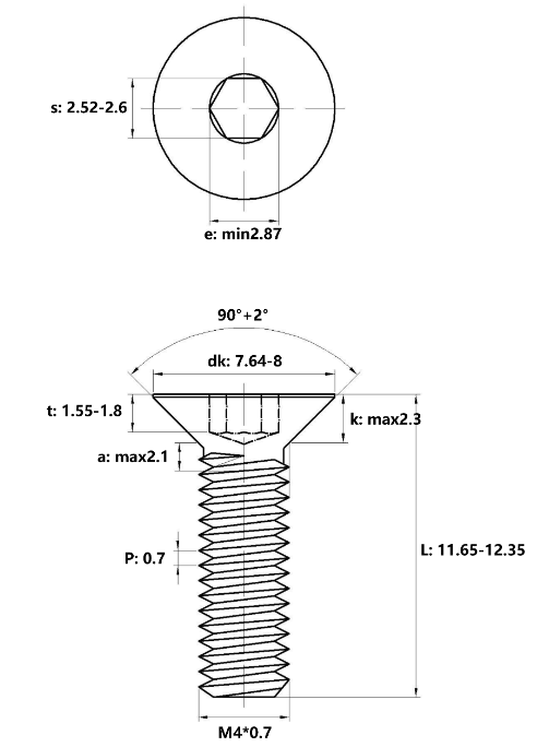 Bản vẽ kỹ thuật Lục Giác Chìm Col Thép Đen 10.9 DIN7991 M4x12 (50Cái/Bịch)
