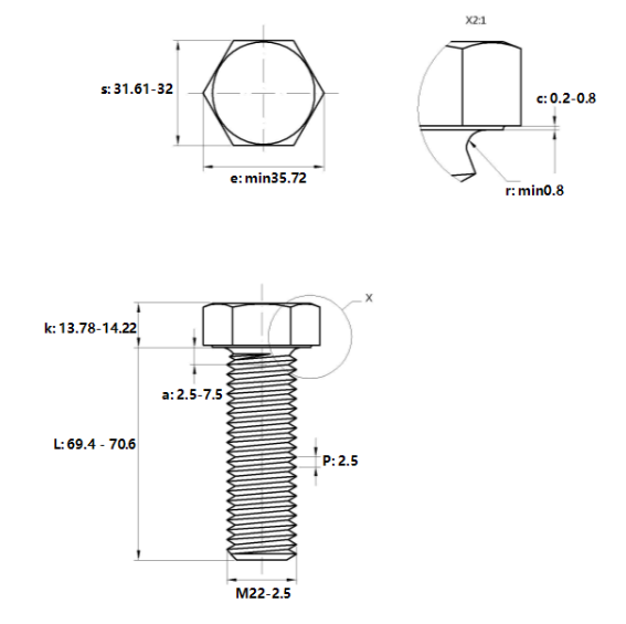 Bản vẽ kỹ thuật Bulong Nhúng Nóng 8.8 DIN933 M22x70