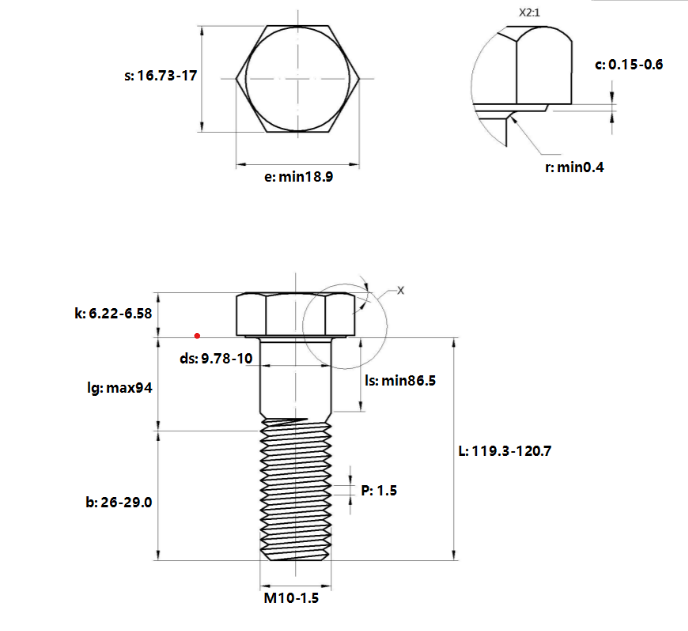 Bản vẽ kỹ thuật Bulong Mạ Kẽm Trắng Cr3+ 8.8 DIN931 M10x120 Ren Lửng
