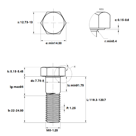 Bản vẽ kỹ thuật Bulong Thép Đen 8.8 DIN931 M8x120 Ren Lửng