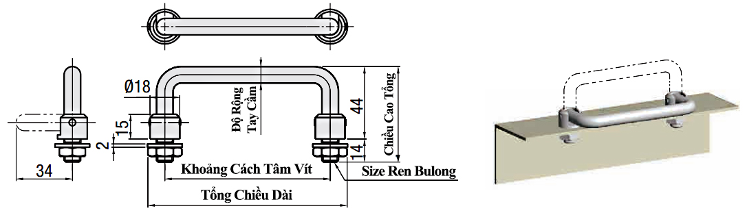 Bản vẽ kỹ thuật Tay Nắm Cửa Chữ U Dạng Gập Thép Mạ Chrome Phi 10 mm x L 100 mm (UWAFN100)