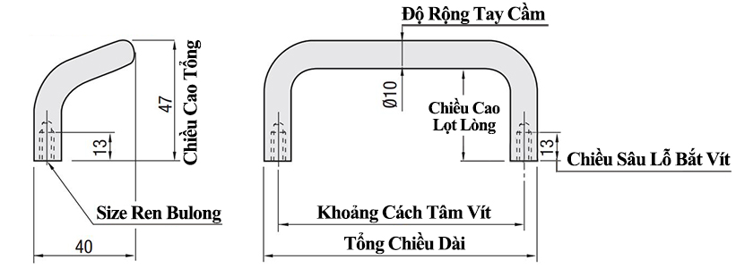 Bản vẽ kỹ thuật Tay Nắm Cửa Chữ U Dạng Offset Hợp Kim Nhôm Sơn Tĩnh Điện Đen Phi 10 mm x L 100 mm (UHFNB100)
