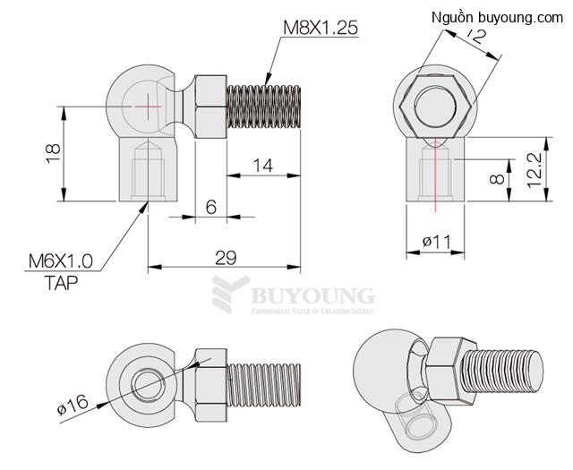 Bản vẽ kỹ thuật Linh kiện gá ty hơi thép S20C Buyoung 26x20 BY4-235-BALL-BT