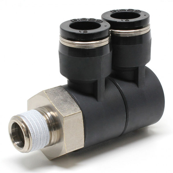 Đầu Nối Nhanh Khí Nén Hai Nhánh Cong 90° Thân Lục Giác Trụ Ren Ngoài Pisco PHW10-02W