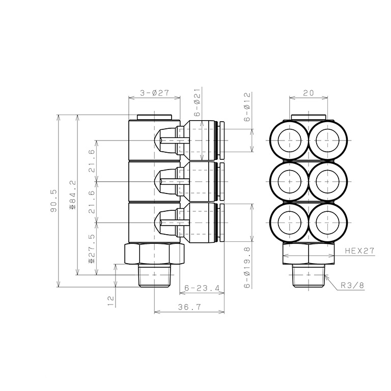 Bản vẽ kỹ thuật Đầu Nối Nhanh Khí Nén Sáu Nhánh Cong 90° Thân Lục Giác Trụ Ren Ngoài Pisco PAT12-03-C
