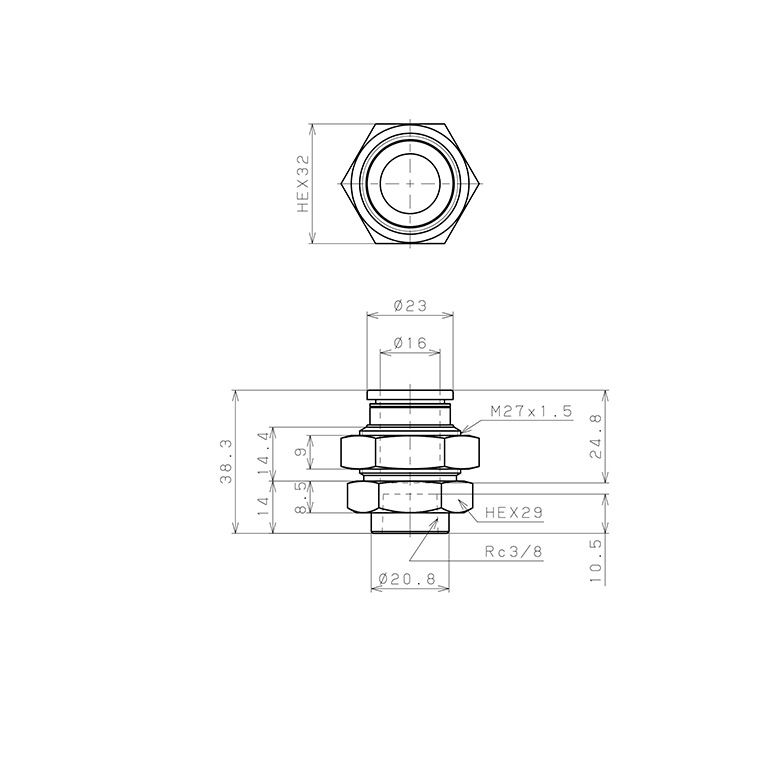 Bản vẽ kỹ thuật Đầu Nối Nhanh Khí Nén Dạng Thẳng Ren Trong Ngoài Pisco PMF16-03-C