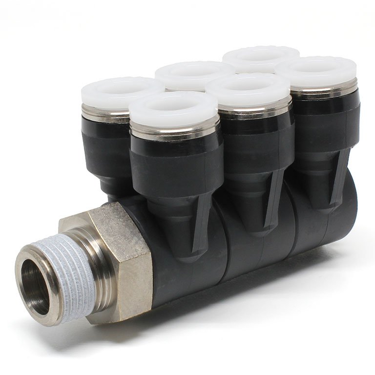 Đầu Nối Nhanh Khí Nén Sáu Nhánh Cong 90° Thân Lục Giác Trụ Ren Ngoài Pisco PAT1/2-N3U