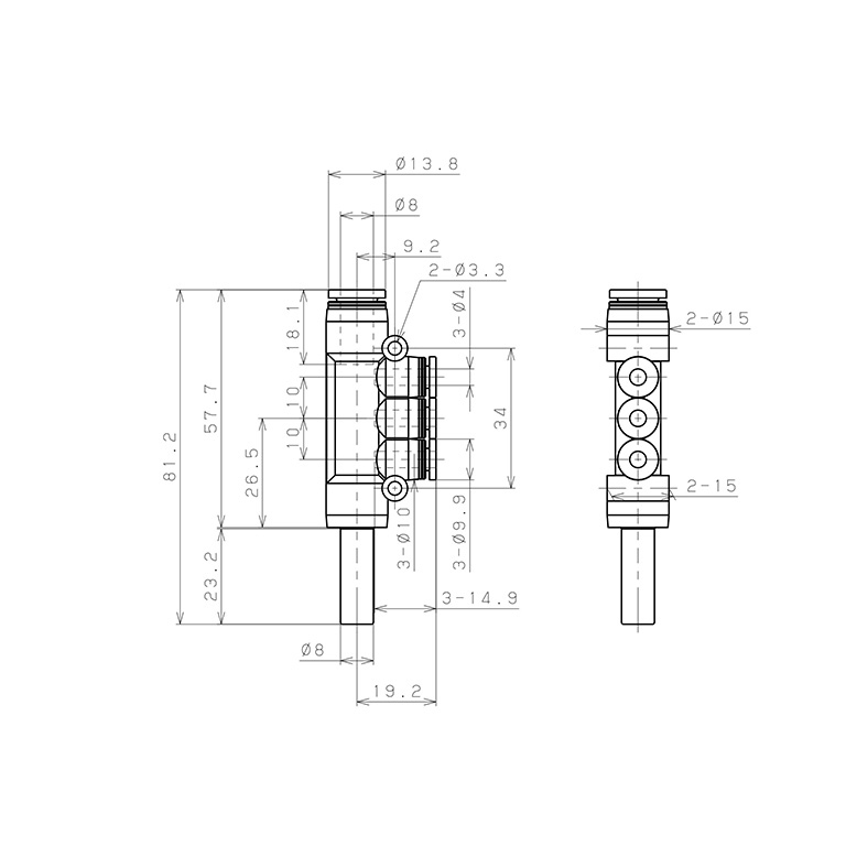 Bản vẽ kỹ thuật Đầu Nối Nhanh Khí Nén Giữa Ống Khí Và Fitting Bốn Nhánh Dạng Chữ T Pisco PKJ8-4W