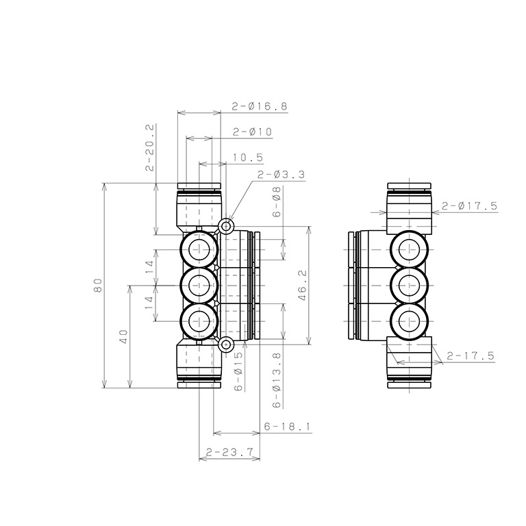 Bản vẽ kỹ thuật Đầu Nối Nhanh Khí Nén Chữ T 8 Ngã Dạng Nối Giảm Pisco PKVG10-8W-C