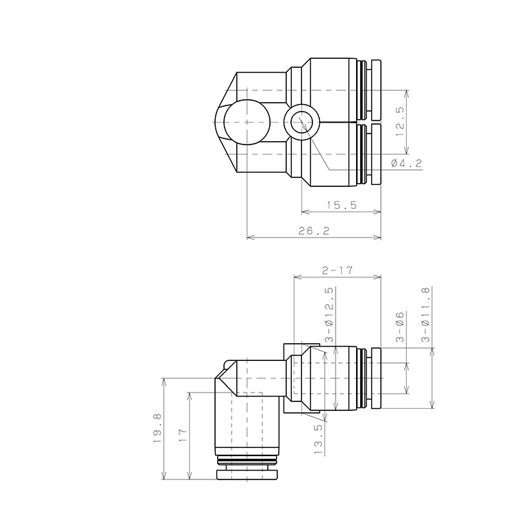 Bản vẽ kỹ thuật Đầu Nối Nhanh Khí Nén Ba Ngã Cong 90° Pisco PAU6-UC