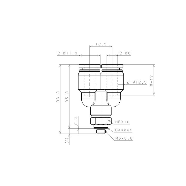 Bản vẽ kỹ thuật Đầu Nối Nhanh Khí Nén Dạng Chữ Y Ren Ngoài Pisco PX6-M5W-C