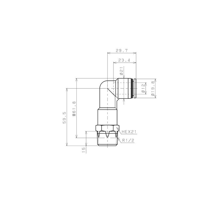 Bản vẽ kỹ thuật Đầu Nối Nhanh Khí Nén Dạng Cong 90° Ren Ngoài (Dài) Pisco PLL12-04-UC