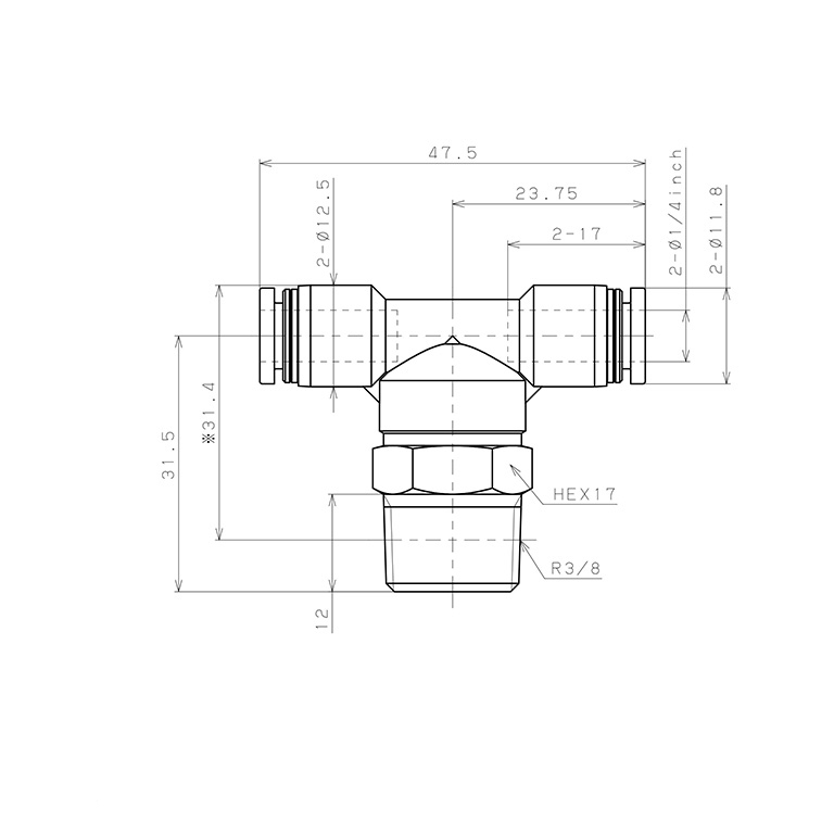 Bản vẽ kỹ thuật Đầu Nối Nhanh Khí Nén Dạng Chữ T Ren Ngoài Pisco PB1/4-03-C