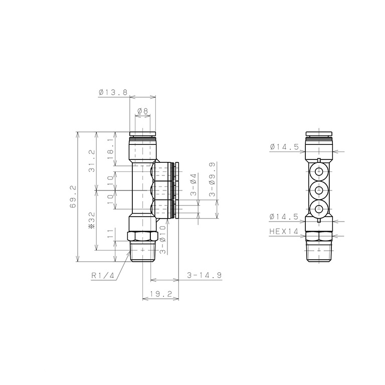 Bản vẽ kỹ thuật Đầu Nối Nhanh Khí Nén Dạng Chữ T Bốn Nhánh Ren Ngoài Pisco PKD8-4-02