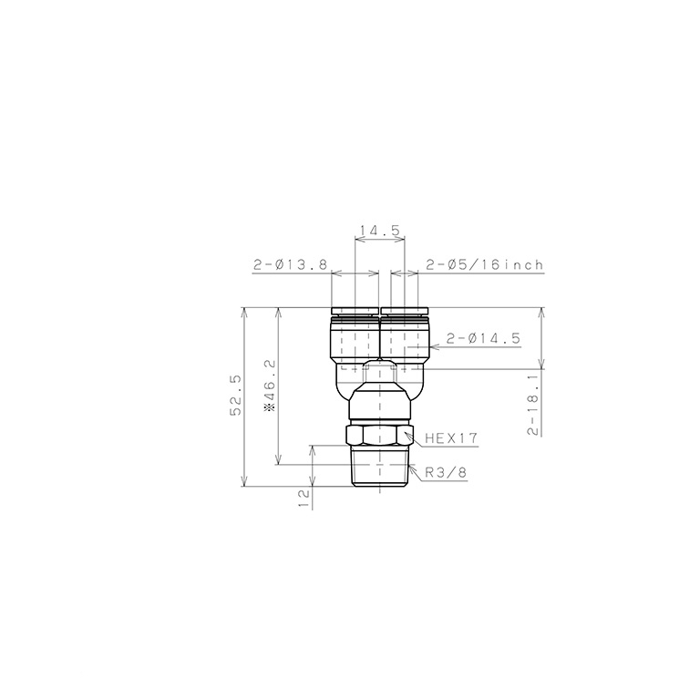 Bản vẽ kỹ thuật Đầu Nối Nhanh Khí Nén Dạng Chữ Y Ren Ngoài Pisco PX5/16-03
