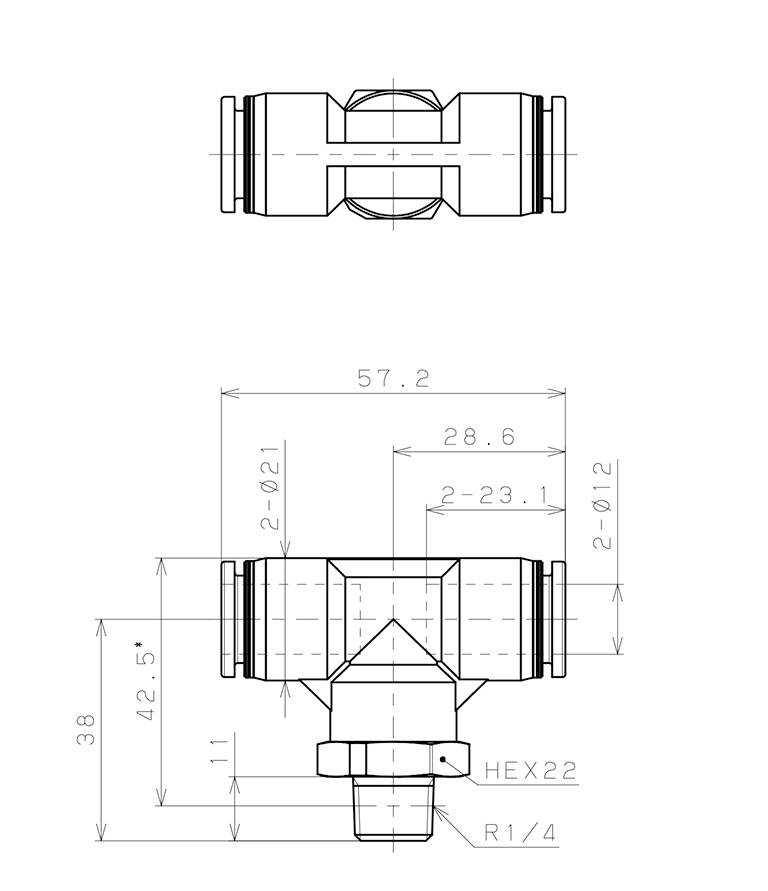 Bản vẽ kỹ thuật Đầu Nối Nhanh Khí Nén Dạng Chữ T Ren Ngoài Pisco PPB12-02-HN-TP-C