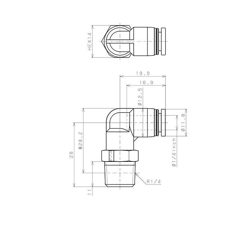 Bản vẽ kỹ thuật Đầu Nối Nhanh Khí Nén Dạng Cong 90° Ren Ngoài Pisco PPL1/4-02-HN
