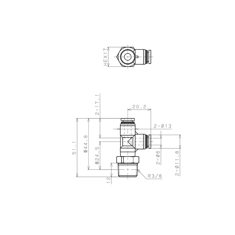 Bản vẽ kỹ thuật Đầu Nối Nhanh Khí Nén Dạng Chữ T Ren Ngoài Pisco PPD6-03-C