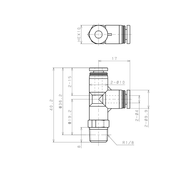 Bản vẽ kỹ thuật Đầu Nối Nhanh Khí Nén Dạng Chữ T Ren Ngoài Pisco PPD4-01