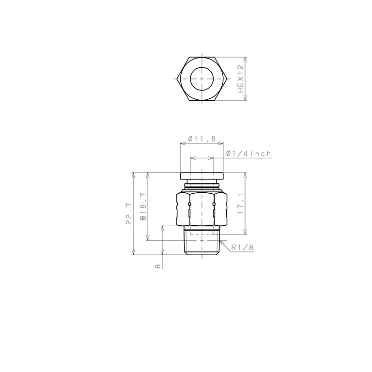 Bản vẽ kỹ thuật Đầu Nối Nhanh Khí Nén Dạng Thẳng Thân Lục Giác Ren Ngoài Pisco PPC1/4-01SUS-TP
