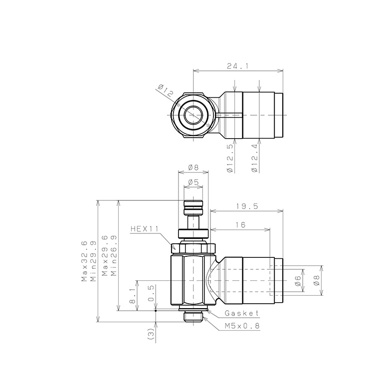 Bản vẽ kỹ thuật Van Tiết Lưu Khí Nén Chân Kim, Đồng Mạ Niken Pisco KJNC6-M5-F